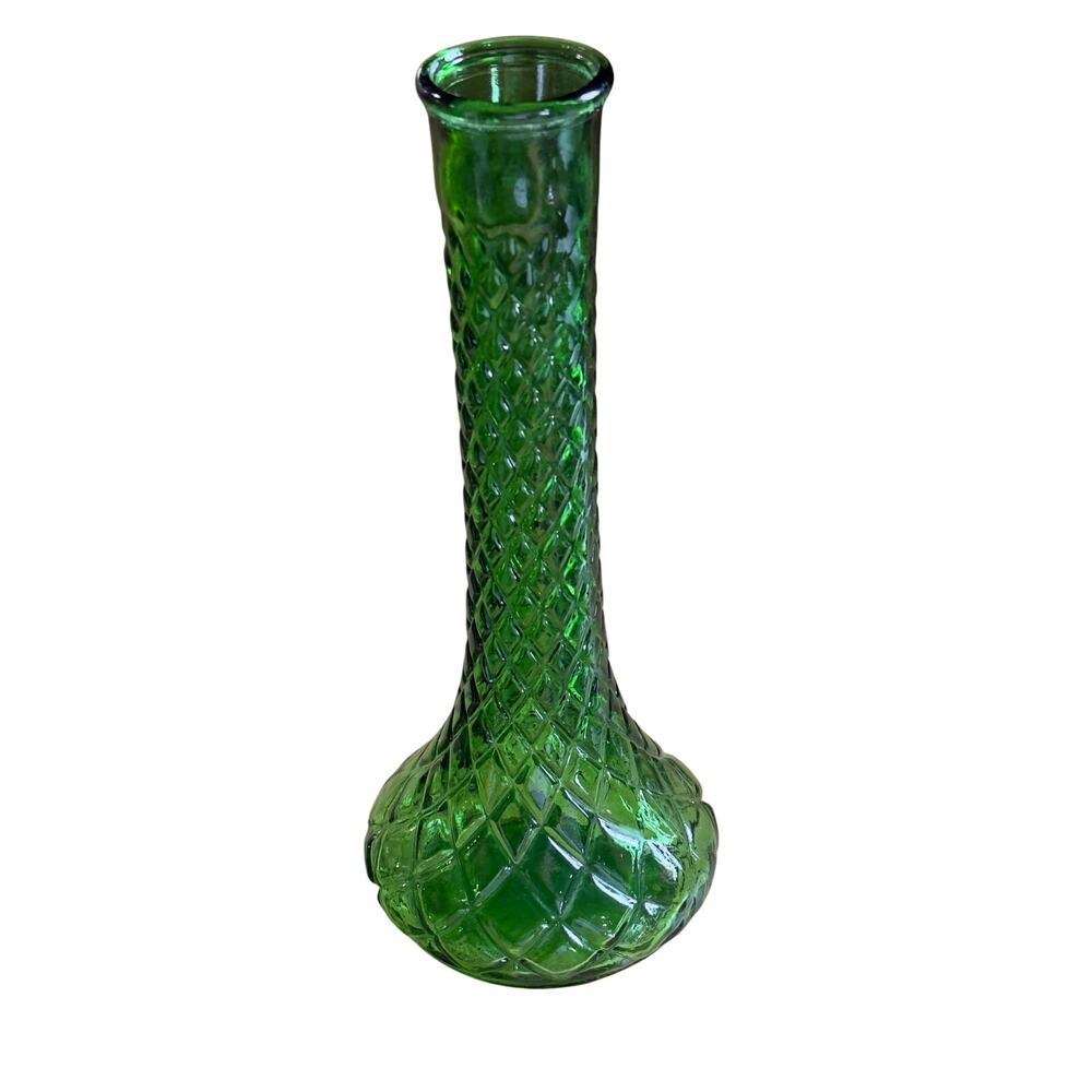 Vintage MCM Emerald Green Glass Bud Vase Featuring A Quilted Diamond Pattern
